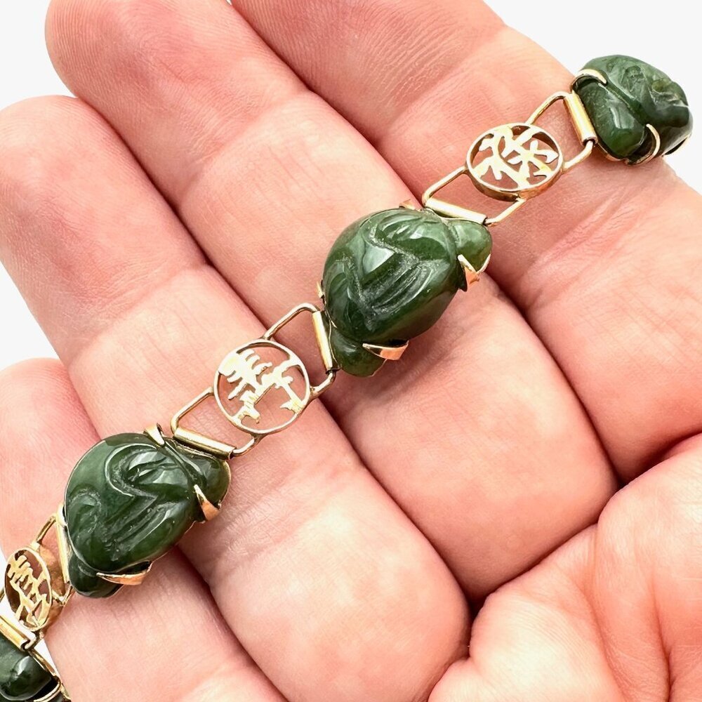 Vintage Womens Bracelet 14k Yellow Gold Carved Green Jade Buddha